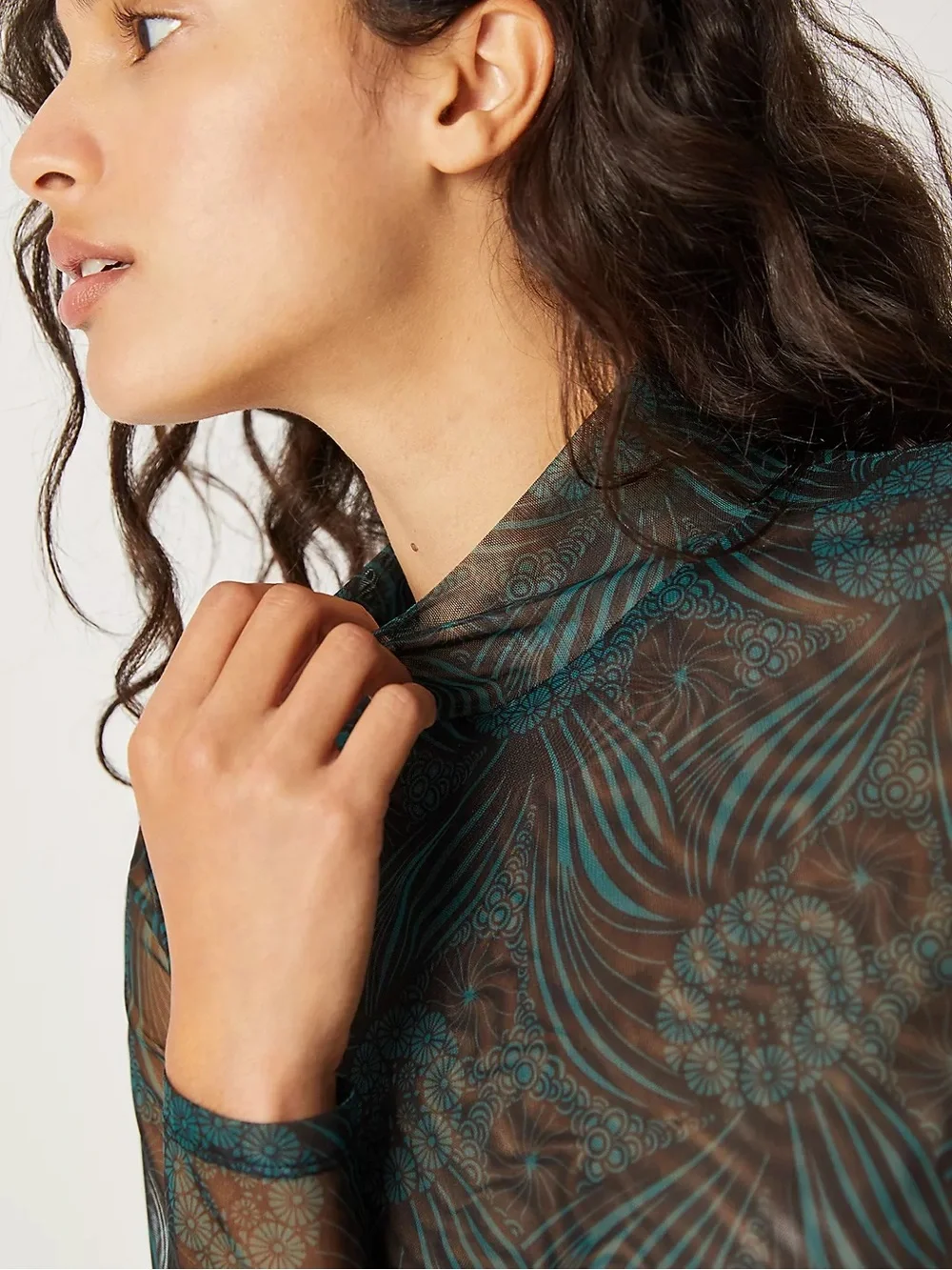 Anthropologie Gauzy Turtleneck Sheer Mesh Teal Green Black Floral Size M